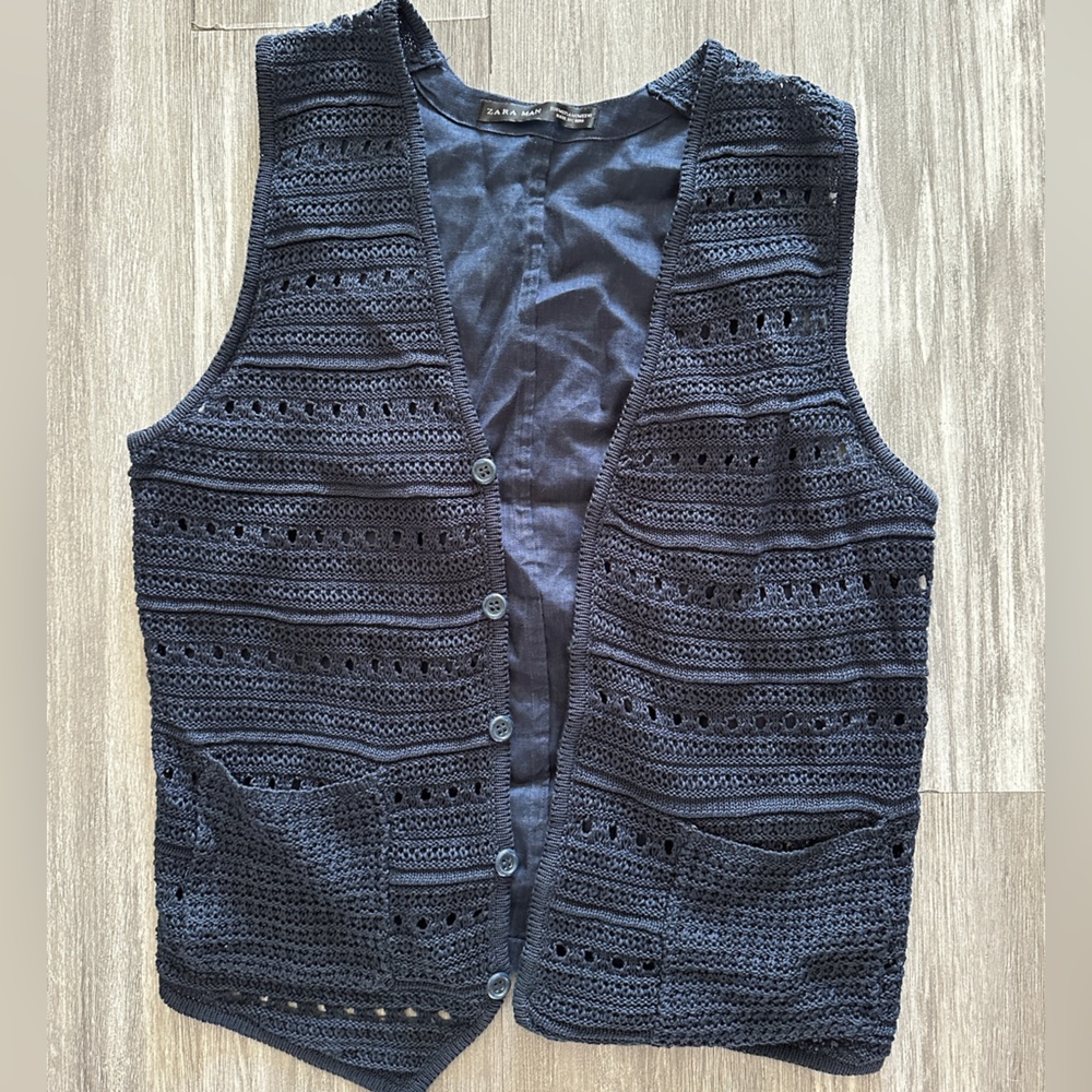 Zara Men Navy Crochet Button-Up Vest